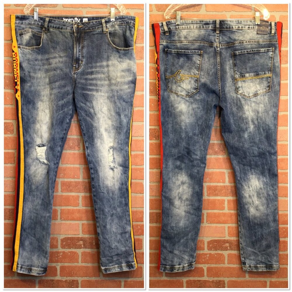 Born Fly Men Distressed Jeans Side Stripe Size 40 Embroidered Hip Hop Streetwear